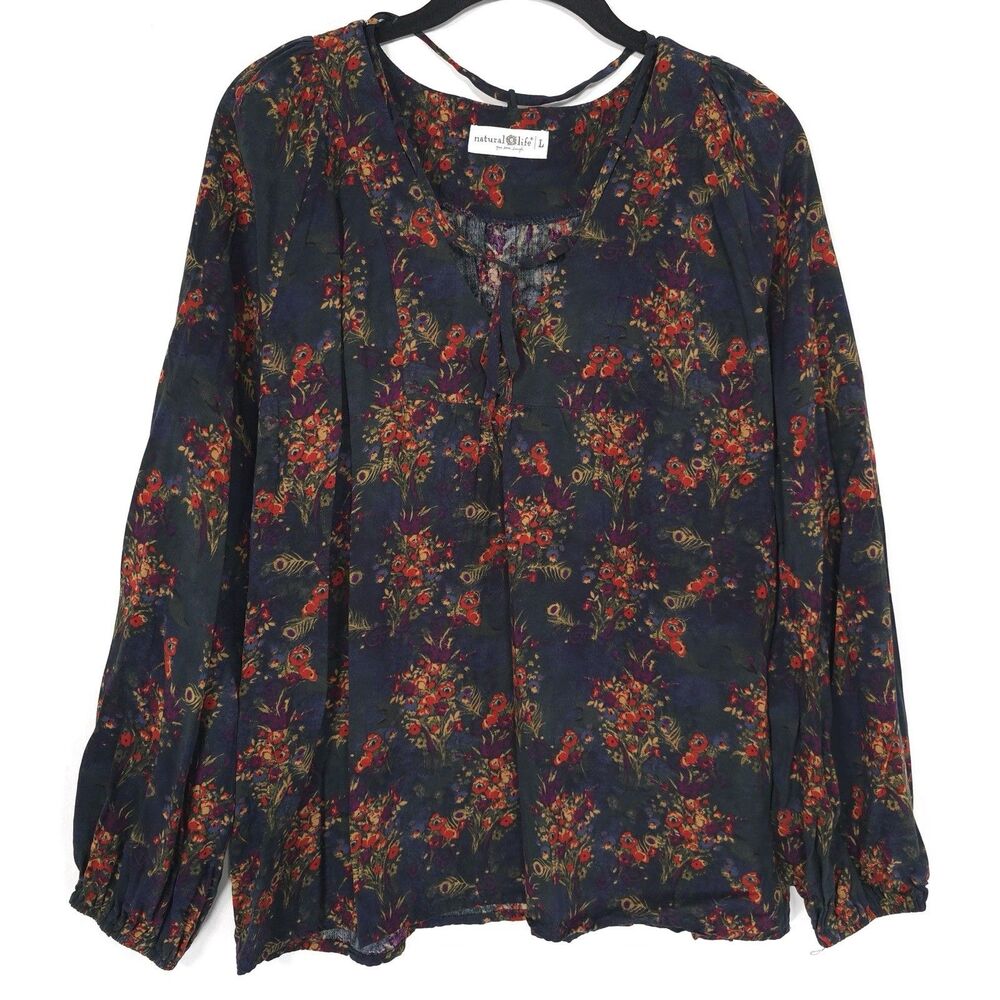 NATURAL LIFE Women’s Black Top LARGE Rowan Cottage Core Floral Tie Neck Blouse